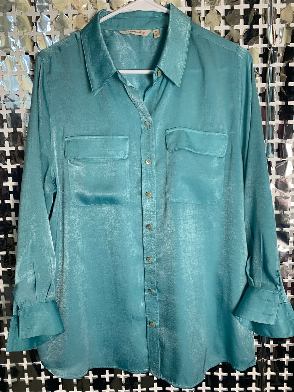 Soft Surroundings Shiny Teal Button-Front Blouse